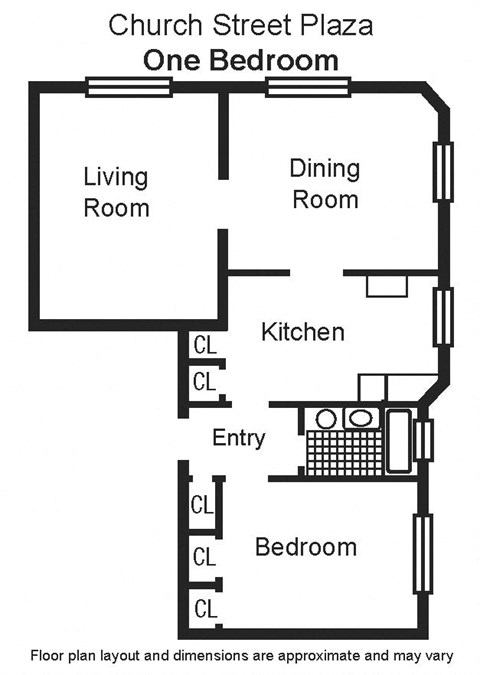 Floor plan for 1 bed, 1 bath